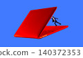 Tiny businessman running from closing red laptop on blue background. 140372353