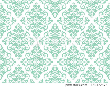 Wallpaper in the style of Baroque. White and green floral ornament. Seamless vector background. Graphic pattern for fabric, wallpaper, packaging. Ornate Damask flower illustration Wallpaper in the style of Baroque. White and green floral ornament. Seamless vector background. Graphic pattern for fabric, wallpaper, packaging. Ornate Damask flower illustration 140372376