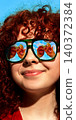 Red haired woman in sunglasses with red summer cocktails reflected in both lenses against blue sky 140372384