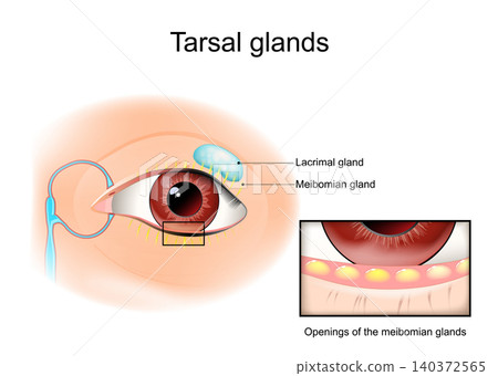 Tarsal glands anatomy. Front view of human eye with Meibomian, Lacrimal glands. 140372565