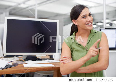 Business, woman and computer screen smiling while pointing. Pc with mockup space female person in working office onboarding, professional human resources advisor for online information and training 140372729