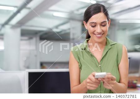 Business woman, typing and networking on phone, smile and planning or communication in email. Female person, office and app for conversation on mockup space, web and internet for research or info Business woman, typing and networking on phone, smile and planning or communication in email. Female person, office and app for conversation on mockup space, web and internet for research or info 140372781