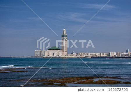 Exterior view of the majestic Hassan II Mosque built on the Atlantic Ocean in Casablanca Exterior view of the majestic Hassan II Mosque built on the Atlantic Ocean in Casablanca 140372793