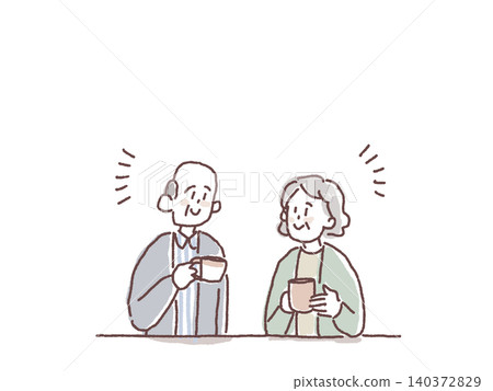 Illustration B of an elderly couple relaxing and enjoying a cup of tea. Illustration B of an elderly couple relaxing and enjoying a cup of tea. 140372829