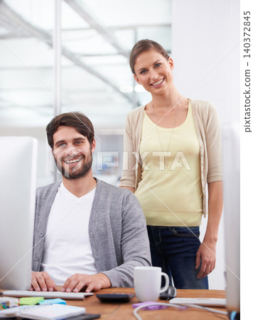 Business people, computer and teamwork in portrait for planning, online and internet for research. Employees, web and collaboration on report in office, support and confident for solution on project Business people, computer and teamwork in portrait for planning, online and internet for research. Employees, web and collaboration on report in office, support and confident for solution on project 140372845