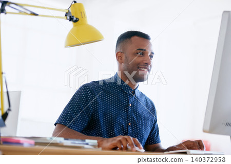 Businessman, happy or working in office on desktop, planning or ambition with productivity in career. Journalist, smile and typing on computer for networking and online research for creativity in job Businessman, happy or working in office on desktop, planning or ambition with productivity in career. Journalist, smile and typing on computer for networking and online research for creativity in job 140372958
