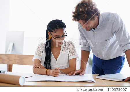 Blueprint, architect and team in office, training or help with construction project for building in startup. Engineer, collaboration and paperwork for planning, coaching or teaching with diversity 140373007
