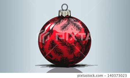 Red christmas ball reflecting pine branches illustration Red christmas ball reflecting pine branches illustration 140373023