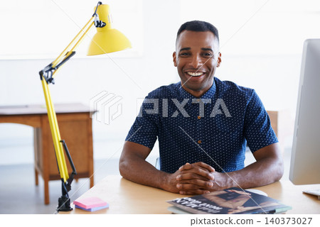 Young businessman, portrait and happy in office by desk, consultant and creative in career. Smile, black man or positive face of journalist in co working space or professional for ambition in company Young businessman, portrait and happy in office by desk, consultant and creative in career. Smile, black man or positive face of journalist in co working space or professional for ambition in company 140373027