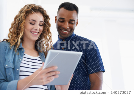 Business people, tablet and collaboration with smile, teamwork and digital work for online design. Employee, happy and professional with project of creative staff and website developer with scroll 140373057