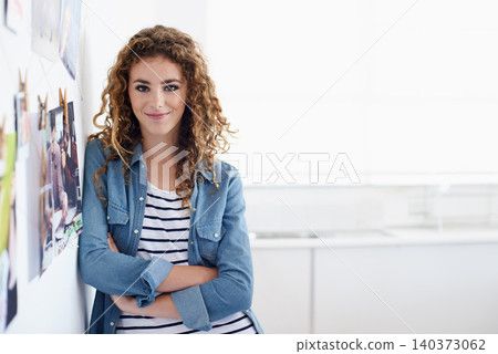 Smile, crossed arms and portrait of woman in office planning project with vision board. Happy, career and confident professional female designer working on creative startup business in workplace. Smile, crossed arms and portrait of woman in office planning project with vision board. Happy, career and confident professional female designer working on creative startup business in workplace. 140373062