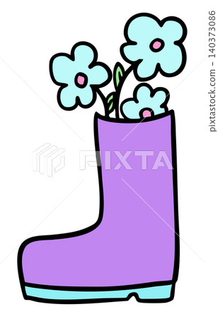 Pastel blue flowers in purple boots for gardening, home, house, outdoors, equipment, garage, spring, summer, nature, garden, plants, tree, blossom, blooming, picnic, park, backyard, environment, soil 140373086