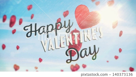 Image of happy valentine's day text with red hearts over sky with sun Image of happy valentine's day text with red hearts over sky with sun 140373136