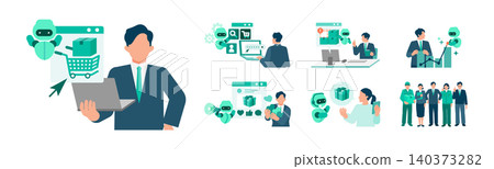 A set of illustrations illustrating the digital transformation of e-commerce, utilizing AI and cloud technologies. A set of illustrations illustrating the digital transformation of e-commerce, utilizing AI and cloud technologies. 140373282