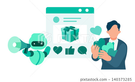 An illustration showing how AI-powered social media marketing strategies can attract a lot of attention and likes to e-commerce products. 140373285