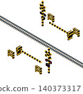 Isometric illustration of railway crossing equipment and tracks. Railway infrastructure and traffic safety materials. 140373317