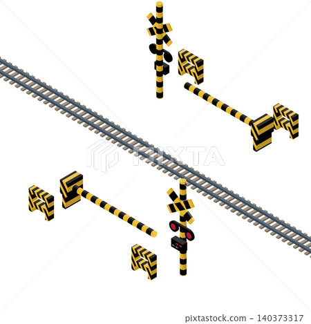 Isometric illustration of railway crossing equipment and tracks. Railway infrastructure and traffic safety materials. Isometric illustration of railway crossing equipment and tracks. Railway infrastructure and traffic safety materials. 140373317