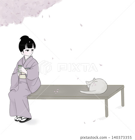 春假期間,一位穿著和服的女子在長椅上與一隻貓一起品嚐茶。 春假期間,一位穿著和服的女子在長椅上與一隻貓一起品嚐茶。 140373355
