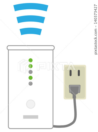 圖示顯示了電源插座和家用路由器發射的無線電波。 圖示顯示了電源插座和家用路由器發射的無線電波。 140373427