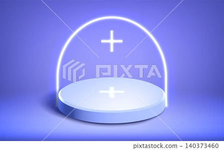 Medical podium with glowing cross icon on blue 140373460