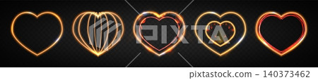 Realistic set of golden neon hearts glowing Realistic set of golden neon hearts glowing 140373462