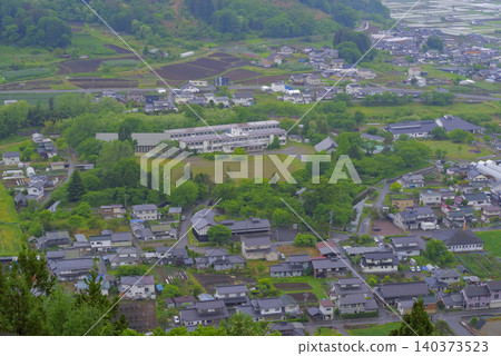 View of the ruins of Tatsuoka Castle in Nagano Prefecture from the observation deck. View of the ruins of Tatsuoka Castle in Nagano Prefecture from the observation deck. 140373523