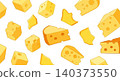 Pattern of floating swiss cheese cubes and wedges with floating illustration background ingredient culinary isolated appetizer nutrition multiple scattered delicious snacking component 140373550