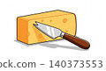 Block of swiss cheese with metal slicer knife illustration emmental ingredient culinary illustration isolated background appetizer 140373553