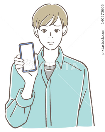 A man with a troubled expression shows the screen of his cell phone. A man with a troubled expression shows the screen of his cell phone. 140373606