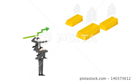 Boss riding on businessman shoulders throwing green growth arrow graph to catch falling gold bars, corporate teamwork financial investment strategy and precious metal hunting concept Boss riding on businessman shoulders throwing green growth arrow graph to catch falling gold bars, corporate teamwork financial investment strategy and precious metal hunting concept 140373612