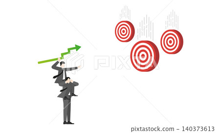 Boss riding on businessman shoulders throwing green growth arrow graph to hit falling targets, corporate teamwork business strategy goals achievement and focus concept Boss riding on businessman shoulders throwing green growth arrow graph to hit falling targets, corporate teamwork business strategy goals achievement and focus concept 140373613