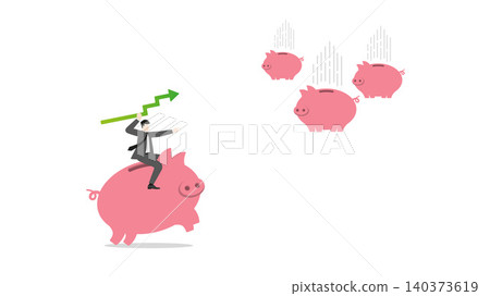 Businessman riding pink piggy bank throwing green growth arrow graph to catch falling piggy banks from sky, financial investment strategy savings accumulation and wealth hunting concept 140373619