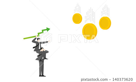 Boss riding on businessman shoulders throwing green growth arrow graph to catch falling gold coins, corporate teamwork financial investment strategy and money hunting concept Boss riding on businessman shoulders throwing green growth arrow graph to catch falling gold coins, corporate teamwork financial investment strategy and money hunting concept 140373620