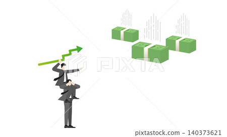 Boss riding on businessman shoulders throwing green growth arrow graph to catch falling banknotes, corporate teamwork financial investment strategy big profit and cash hunting concept 140373621
