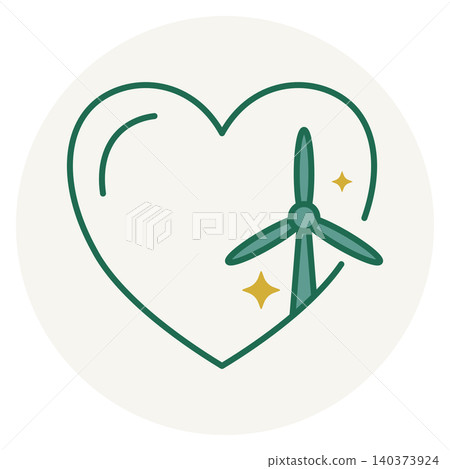 Minimalist flat vector of a green wind turbine forming a heart shape, isolated on a beige circle background. 140373924