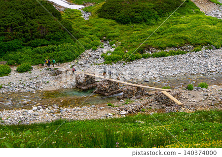 Hikers crossing a bridge on the rocky ridge of Tateyama Mountain. Hikers crossing a bridge on the rocky ridge of Tateyama Mountain. 140374000
