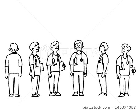 一組線條畫,描繪了一位手持聽診器的男性醫務人員站立的場景。 一組線條畫,描繪了一位手持聽診器的男性醫務人員站立的場景。 140374098