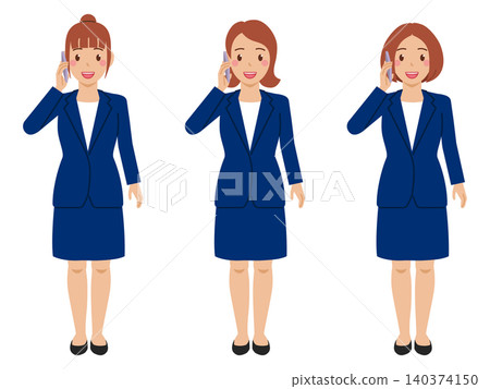 [Full body] A young woman in a t-shirt and navy skirt suit making a phone call on her smartphone. 140374150