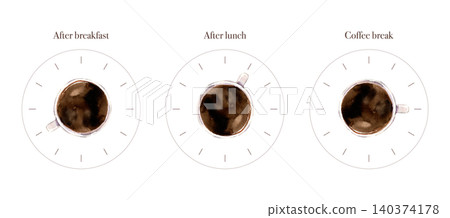 A watercolor illustration of a clock depicting coffee time. A watercolor illustration of a clock depicting coffee time. 140374178