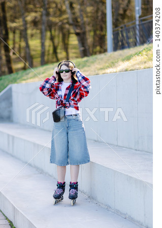 Young stylish woman roller skating outdoors while listening to music Young stylish woman roller skating outdoors while listening to music 140374208