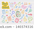 Back to school doodle pattern with notebook paper background and colorful school icons, playful classroom design for education, stationery, posters, wrapping paper and kids products. 140374316