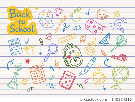 Back to school doodle pattern with notebook paper background and colorful school icons, playful classroom design for education, stationery, posters, wrapping paper and kids products. Back to school doodle pattern with notebook paper background and colorful school icons, playful classroom design for education, stationery, posters, wrapping paper and kids products. 140374316
