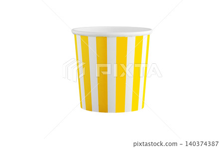 Striped cinema container for corn snacks isolated on white. Blank cardboard bucket mockup Striped cinema container for corn snacks isolated on white. Blank cardboard bucket mockup 140374387