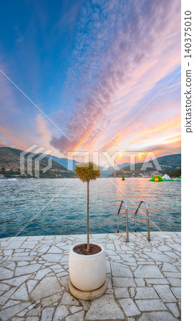Amazing View on  Franjo Tudjman bridge from  beach Copacabana at sunset in Dubrovnik. 140375010