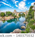 Amazing Skyline of Mostar with the Mostar Bridge, houses and minarets, during sunny day 140375032