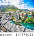 Awesome Skyline of Mostar with the Mostar Bridge, houses and minarets, during sunny day. 140375033