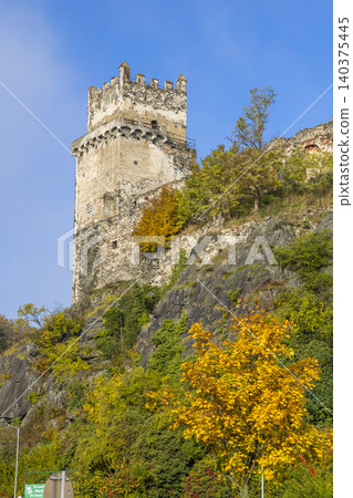 Weitenegg Castle ruin tower standing on rocky hill Weitenegg Castle ruin tower standing on rocky hill 140375445