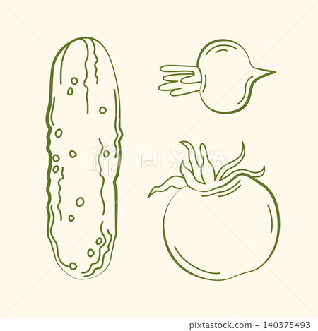 Hand-drawn vegetables, tomato, cucumber, radish in line art style for grocery shop, farmers market, summer packaging, ingredients Hand-drawn vegetables, tomato, cucumber, radish in line art style for grocery shop, farmers market, summer packaging, ingredients 140375493