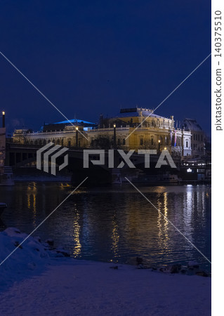 Rudolfinum building and Manes bridge at night, Prague Rudolfinum building and Manes bridge at night, Prague 140375510