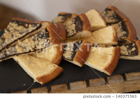 Traditional Czech kolache pastry slices with crumble topping Traditional Czech kolache pastry slices with crumble topping 140375563